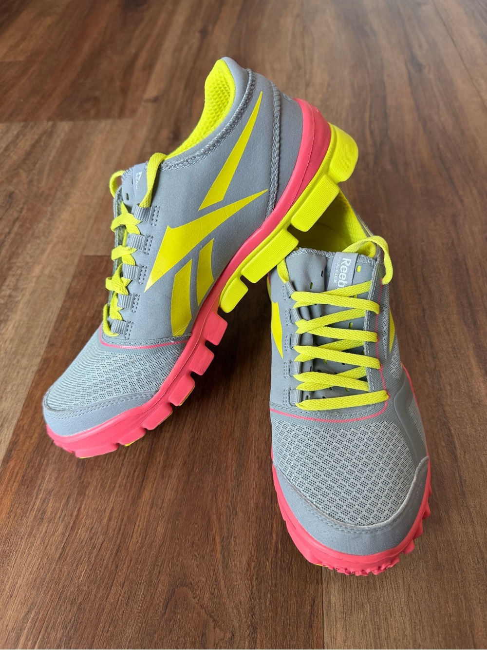 Reebok RealFlex Gray Sneakers with Neon Yellow Laces & Pink Soles